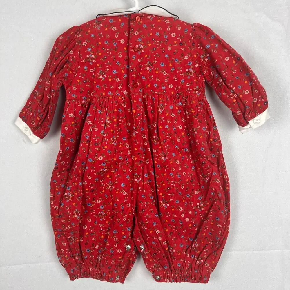 Vintage Carriage Boutiques Smocked Bubble Romper 3M Red Floral Peter Pan Baby